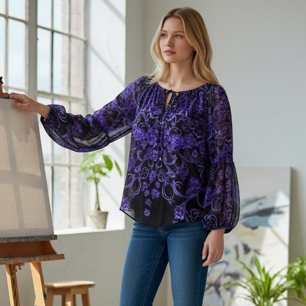 INC International Concepts Purple Black Floral Paisley Balloon Sleeve Blouse M